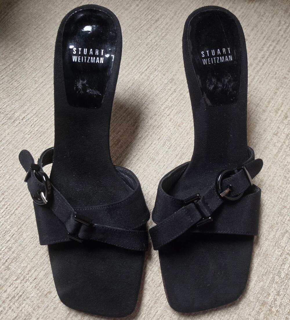 Stuart Weitzman 8 Black Satin Buckle Mules Y2K Kitten Heel Square Toe